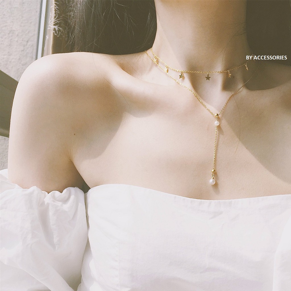 Set 2 dây chuyền titan ngôi sao chuỗi ngọc không gỉ có bán lẻ WN191001