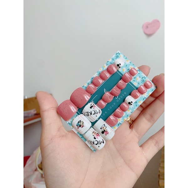 Nailbox/ Bộ 24 móng úp chân sẵn/ Móng chân giả màu trắng hồng nhũ Mickey giá rẻ