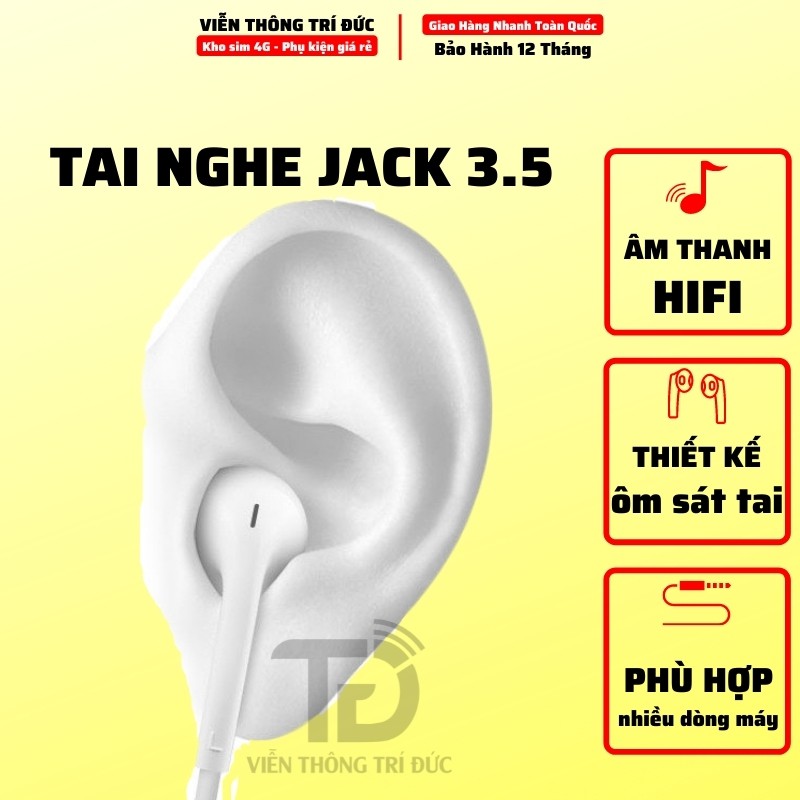 Tai Nghe Nhét Tai cho iPhone/Samsung Có Mic - Jack 3.5mm, Dây Đàn Hồi Cao, Âm Thanh Bass-Treble Hay- Giá Rẻ