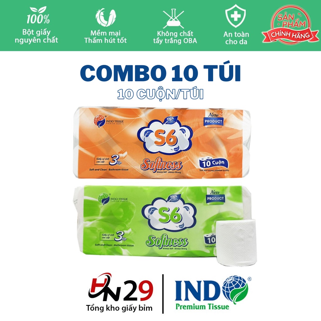 Bịch 10 túi Giấy vệ sinh S6 INDO 10 cuộn x 3 lớp - Giấy cuộn có lõi không lõi chính hãng dai mềm giá rẻ chất lượng tốt