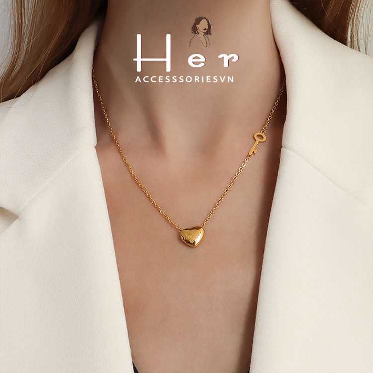 Dây chuyền titan basic mặt trái tim phối khoá, mạ vàng 14k  [  KHÔNG ĐEN GỈ ]   Her Accessories CT1