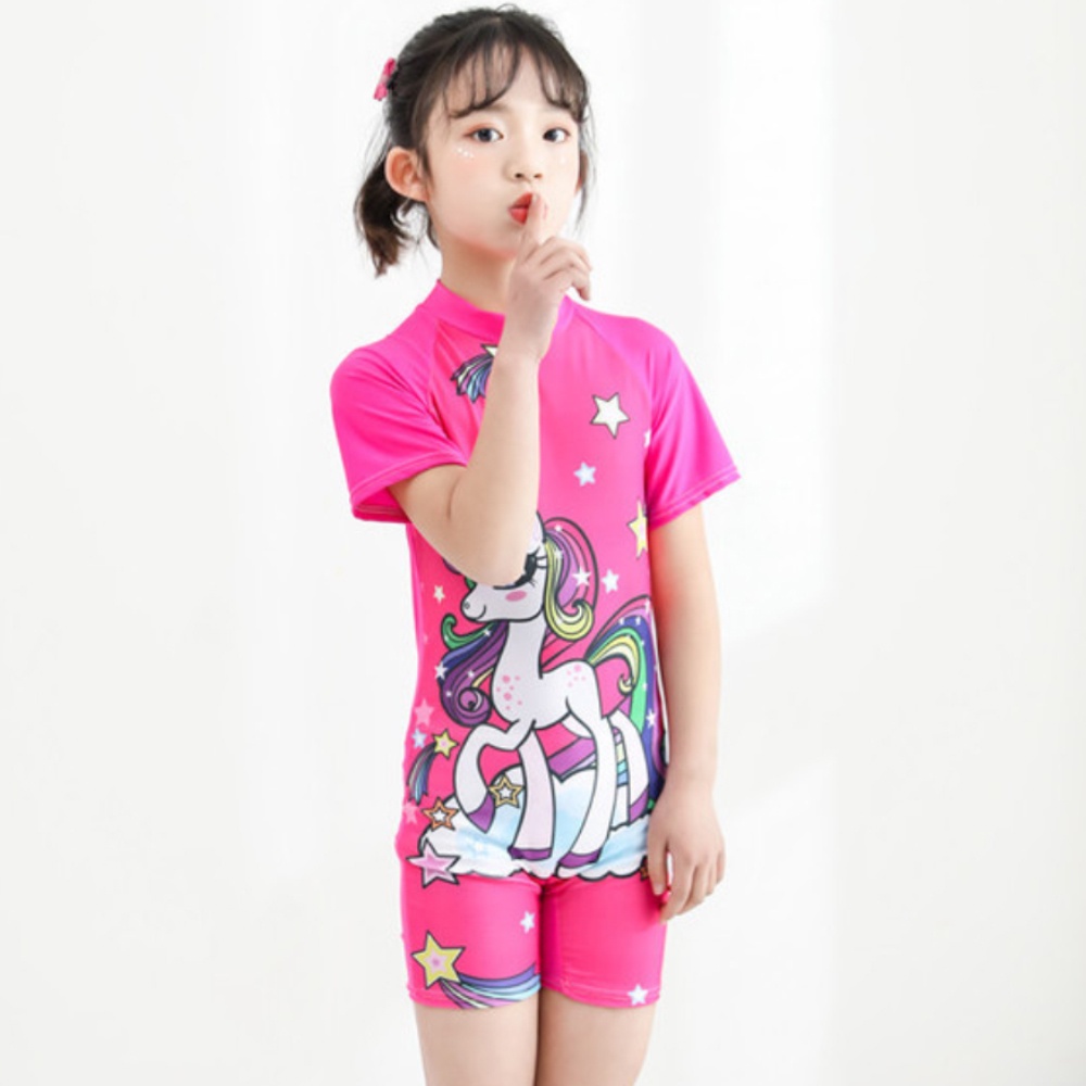 Bộ đồ bơi liền thân tay ngắn dáng ôm in họa tiết hoạt hình dễ thương thời trang mùa hè cho bé gái