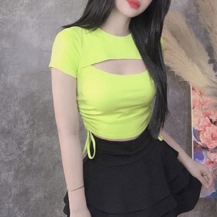 Áo Thun Kiểu Nữ Dáng Croptop Khoét Ngực Tay Ngắn Rút Dây Eo