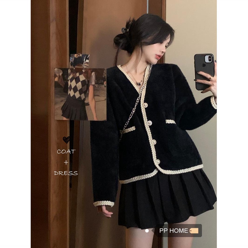 Set áo khoác cardigan cổ chữ V form rộng phối chân váy kiểu dáng Hàn quốc cho nữ