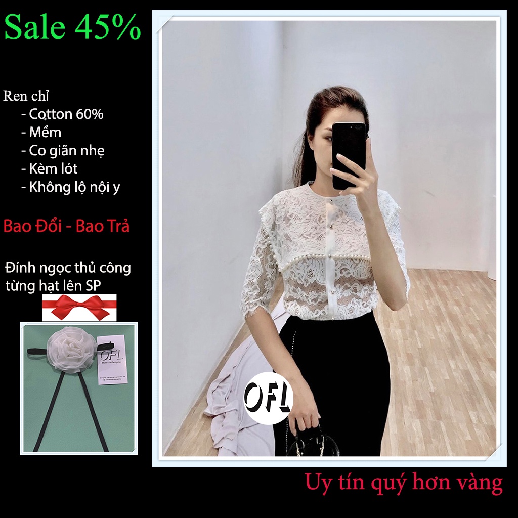 Áo ren cổ tròn tay lỡ nữ, Chuẩn Form áo kiểu thiết kế màu trắng đính ngọc A52