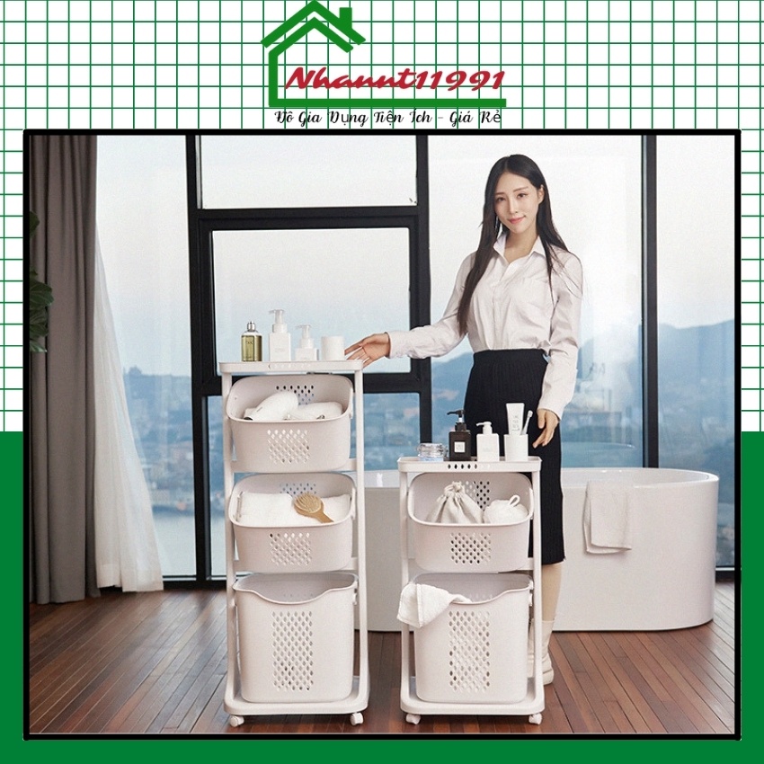 Kệ Đựng Đồ Đa Năng 3 Tầng, Giỏ Đựng Quần Áo Bẩn Phòng Tắm Có Bánh Xe Phong Cách Việt Nhật 5567
