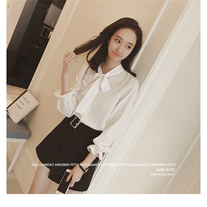 Áo Blouse nữ tay dài cổ thắt nơ phong cách Hàn Quốc