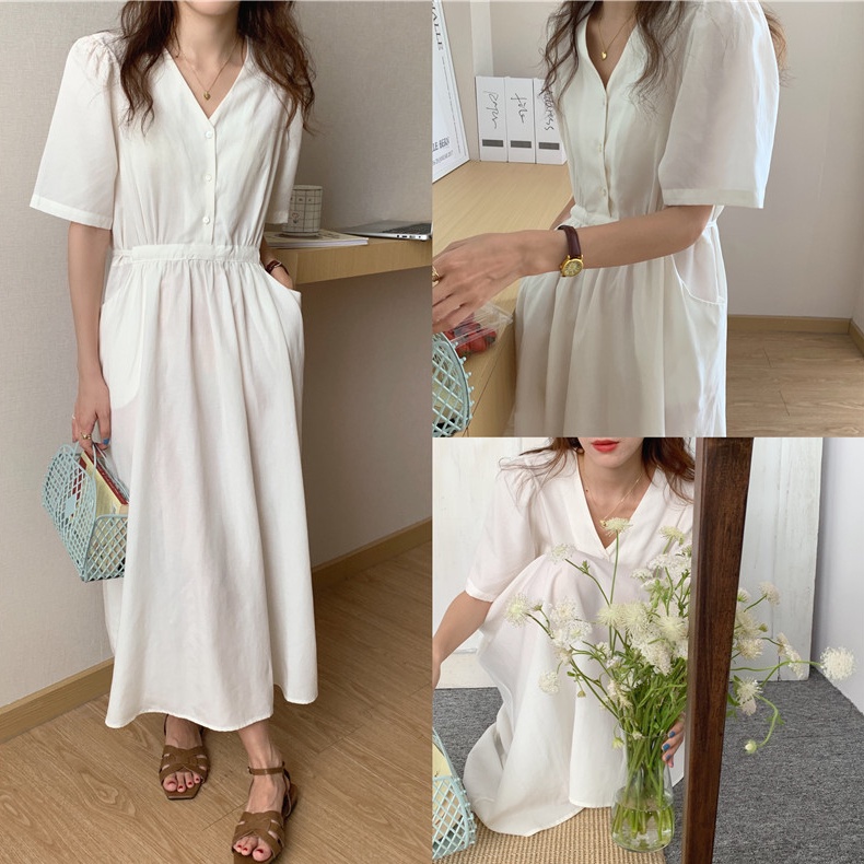 SUXI Đầm Midi Cổ Chữ V Màu Sắc Đơn Giản Phong Cách Hàn Quốc Cổ Điển Thời Trang Cho Nữ