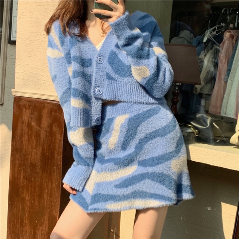 Set váy xanh ulzzang hút mắt với họa tiết loang siêu cá tính mẫu mới nhất thu đông Kèm ảnh thật cuối hình