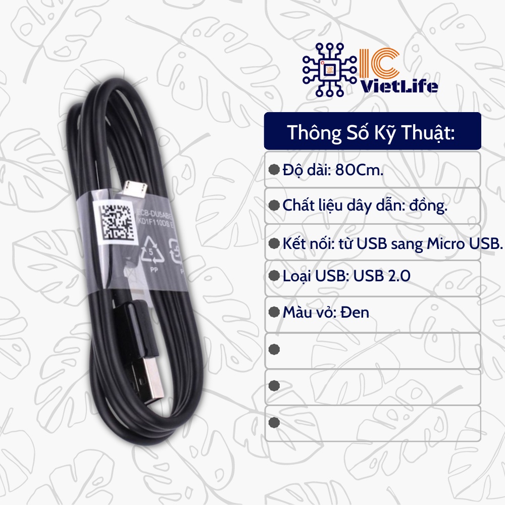 Cáp dữ liệu Micro USB _ Cáp nạp Arduino, Node MCU ESP8266 _ Cáp USB_ Micro USB B 4 Lõi Dài 80cm Màu Đen