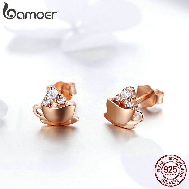 Khuyên Tai Dạng Nụ Bamoer SCE592 Thiết Kế Tách Cà Phê Và Viên Đường Bằng Bạc Thật 925 Màu Vàng Hồng Cho Nữ