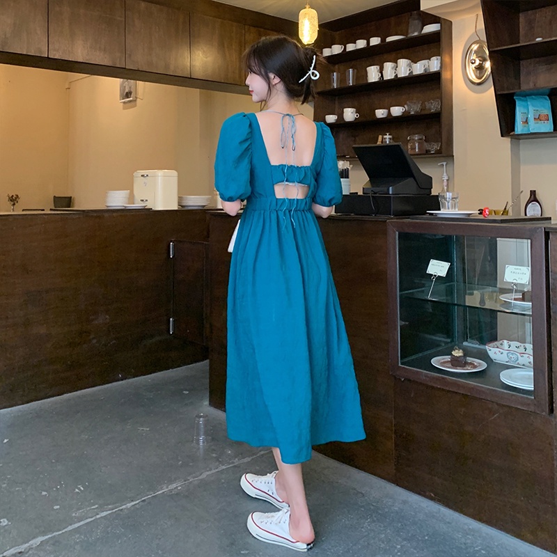 Đầm midi SUXI cổ vuông tay phồng ngắn hở lưng gợi cảm thời trang mùa hè dành cho nữ