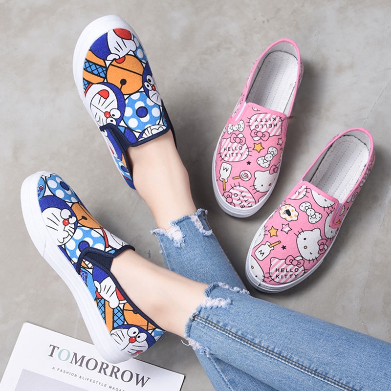 Giày Thể Thao Canvas Đế Bằng Họa Tiết Hoạt Hình Graffiti Hello Kitty Phong Cách Hàn Quốc Cho Nữ