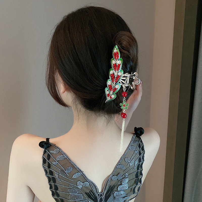 Haimeikang Kẹp tóc cỡ lớn phối tua rua hình chim công đính ngọc trai thời trang chất lượng dành cho nữ