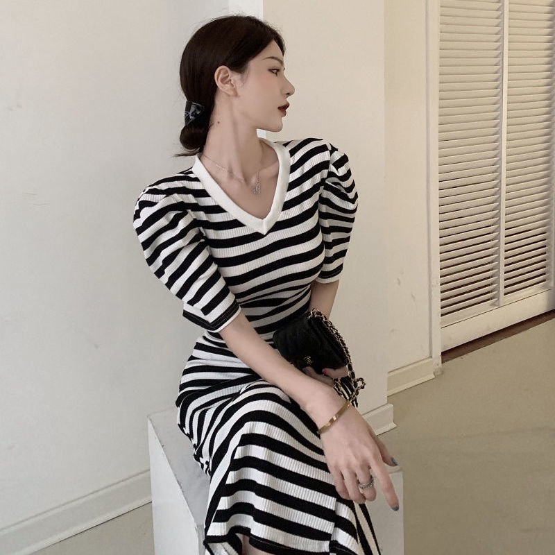 Đầm tay phồng họa tiết kẻ sọc phong cách retro Pháp thời trang mùa hè thanh lịch cho nữ