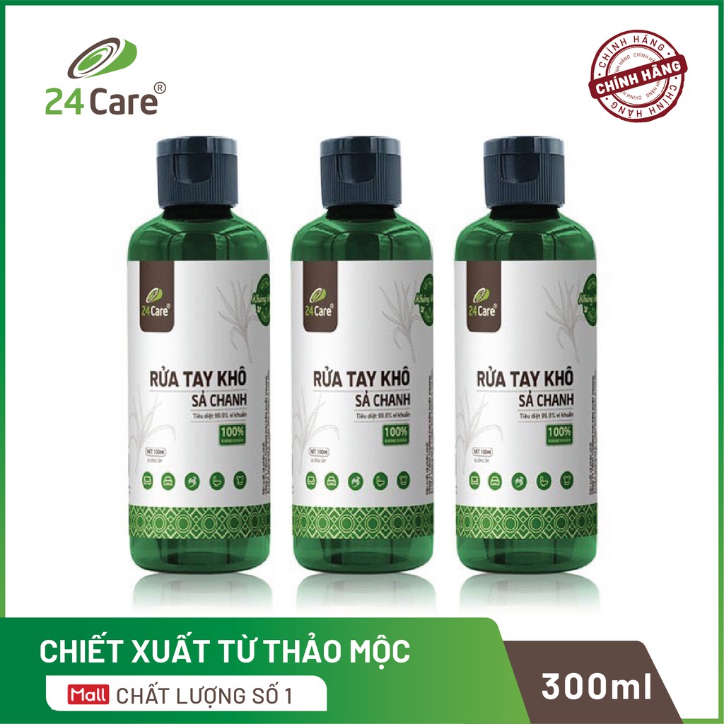 Combo 3 Nước rửa tay khô tinh dầu Sả Chanh 24Care 100ML– không cần rửa lại với nước, diệt khuẩn 99,9% | BigBuy360 - bigbuy360.vn