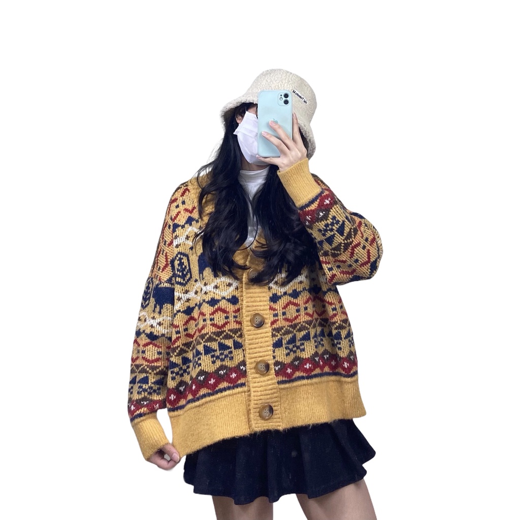 (2hand) CD05 Áo cardigan họa tiết thổ cẩm màu vàng cam