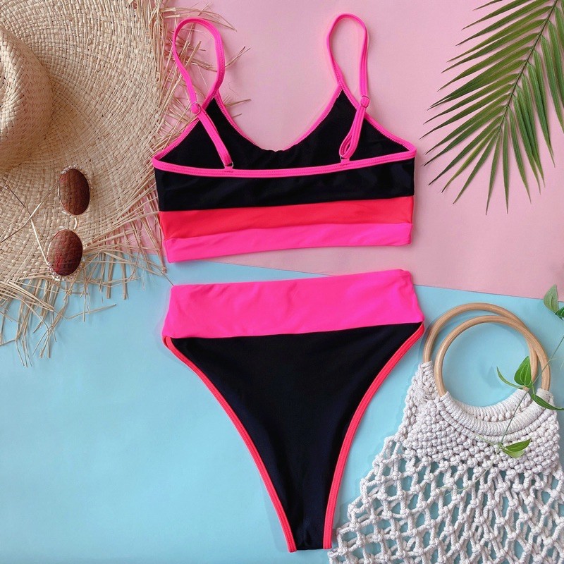 [BKN819] &lt;ÂU&gt; SET BIKINI CẠP CAO ĐEN MIX MÀU HỒNG/BEO (CẠP CAO)