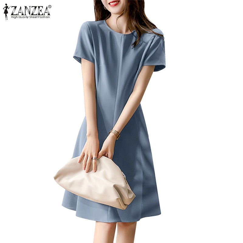 Zanzea đầm tay ngắn màu trơn thiết kế đơn giản phong cách Hàn Quốc cho nữ