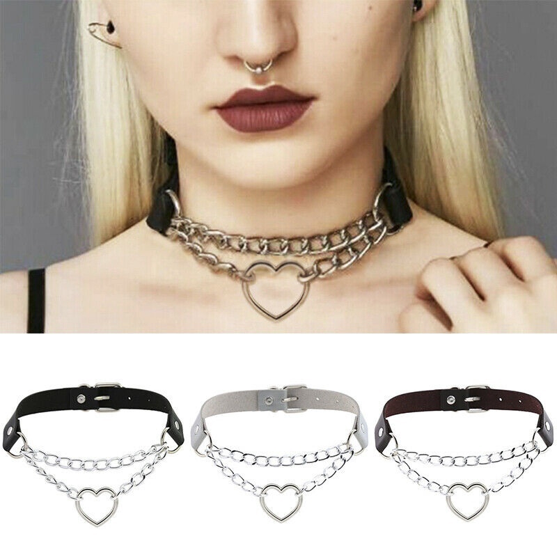 Vòng Cổ Choker Da Mặt Trái Tim Phong Cách Gothic Punk