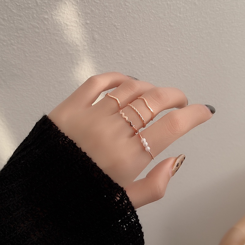 Set 5 nhẫn đeo ngón tay nhiều kiểu dáng đính ngọc trai nhân tạo sang trọng thời trang dành cho nữ