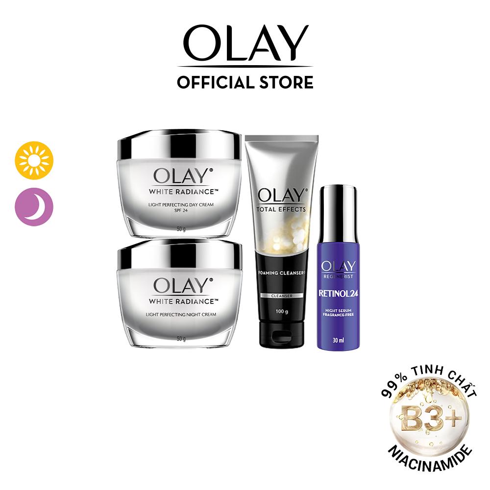 Combo 4 OLAY White Radiance: Kem Dưỡng Da Ngày &amp; Đêm 50G, Serum Retinol 30ml Và Sữa Rửa Mặt Total Effect 100G