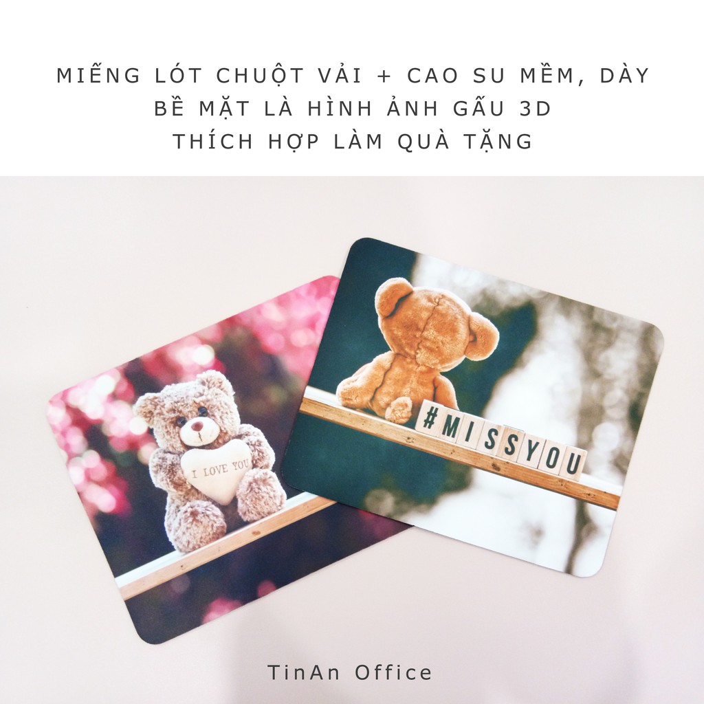 Miếng Lót Chuột Vải Gấu 3D, Đế Cao Su Việt Nam Chống Trượt, Mousepad Mềm Dày 26 x 21 cm (Hình Thật Tự Chụp)