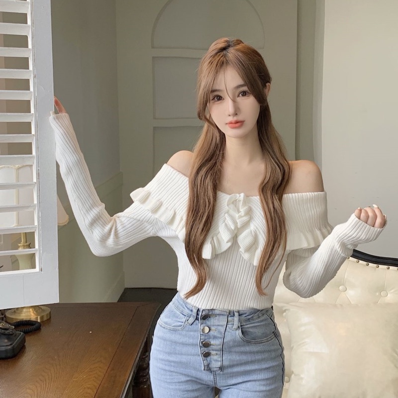 Áo dệt kim tay dài viền lá sen trễ vai thời trang thu đông cho nữ