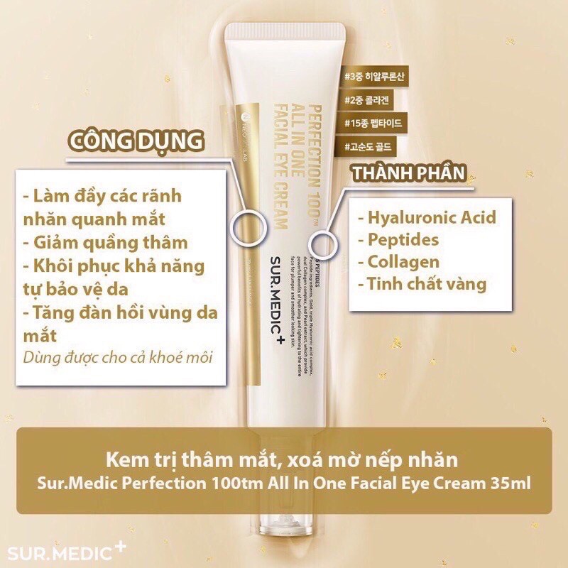 [KÈM QUÀ TẶNG] Kem Giảm Thâm Mắt Xoá Mờ Nếp Nhăn SURMEDIC Perfection 100tm All In One Facial Eye Cream 35ml