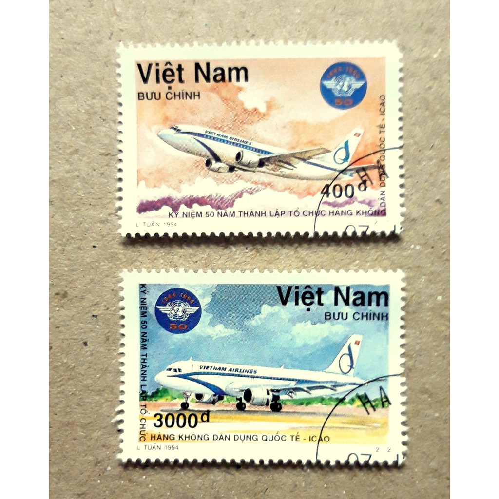 Tem sưu tập MS 696 Tem CTO Việt Nam Kỷ niệm 50 năm thành lập Tổ chức Hàng không Dân dụng Quốc tế 1994 ( 2 tem )