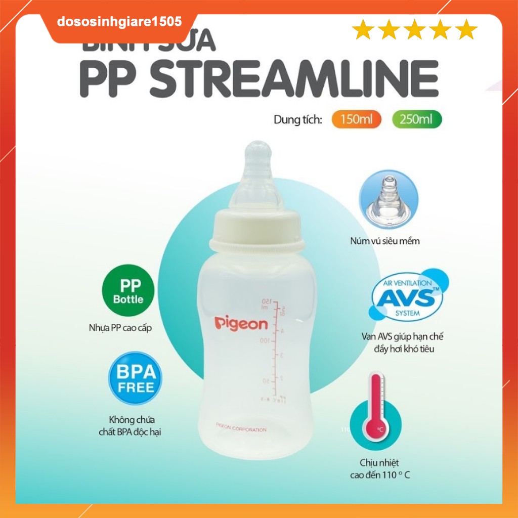 Bình sữa Pigeon PP Streamline cổ hẹp 150ML - 250ML và bình nước Pigeon 50ML