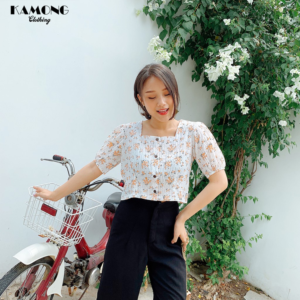 Áo kiểu Croptop hoa nhí cổ vuông KAMONG A029 | BigBuy360 - bigbuy360.vn
