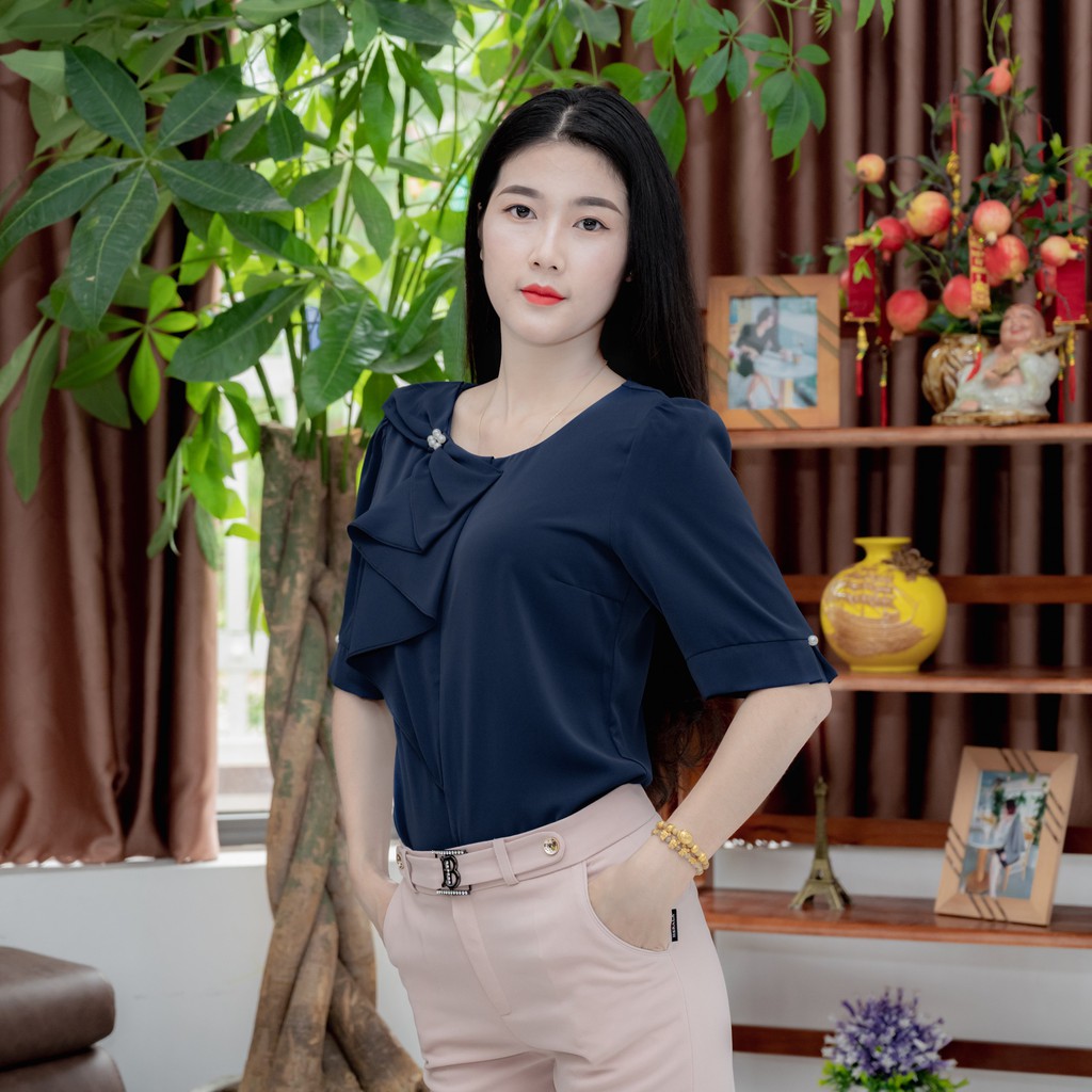 Áo sơ mi nữ thời trang Zenkik vạt bèo nơ lệch vai SM67