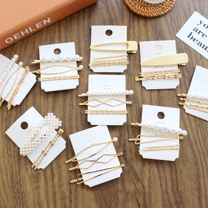 Set kẹp tóc kim loại đính hạt ngọc trai kiểu Hàn Quốc đáng yêu F28