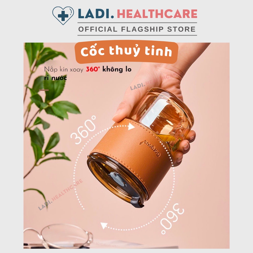Cốc thuỷ tinh 450ml tặng Sticker trang trí ly, bình nước thuỷ tinh có nắp kèm bao da
