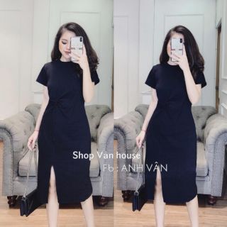 Đầm suông xoắn eo xẻ tà