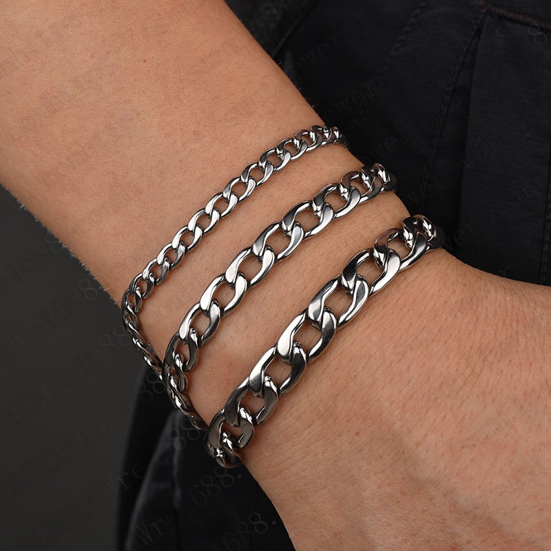 Vòng Tay Dạng Dây Xích 4-8mm 18cm Màu Bạc Dày Phong Cách Hip Hop Cho Nam Và Nữ