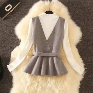 SET ÁO LEN CỔ 3 PHÂN MIX ÁO GHI LÊ YẾM DẠ CỘT EO KÈM ĐAI