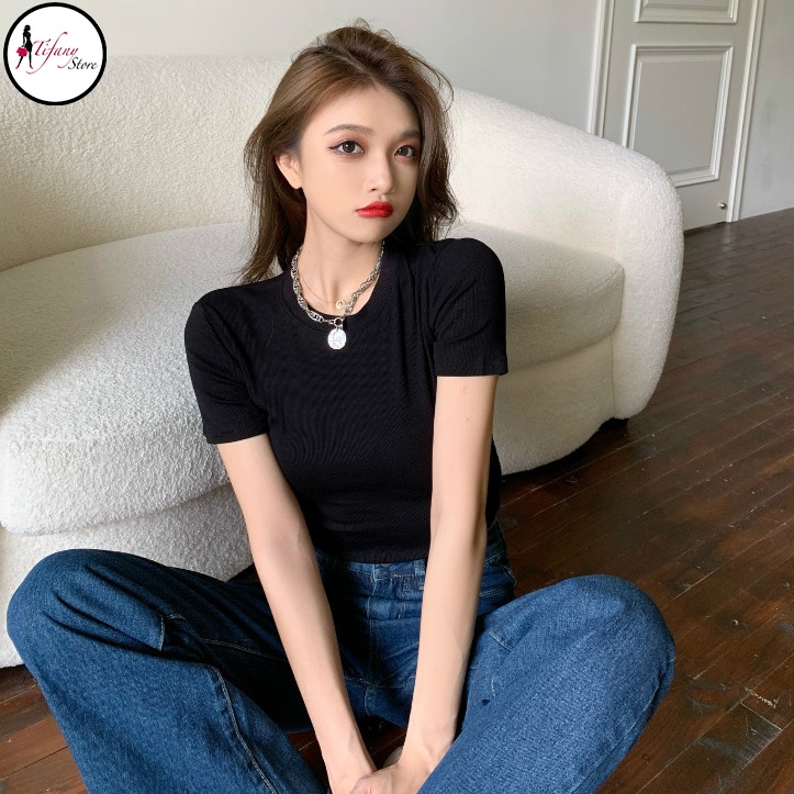Áo Croptop Cổ Tròn Ngắn Tay Big Size Rộng Dưới 80Kg Chất Thun Màu Đen Freesize "TN"