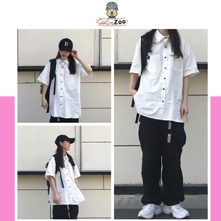 Áo sơ mi cộc tay cài cúc 2 túi ngực unisex nam nữ chất thô mềm mát - CUTEZOO