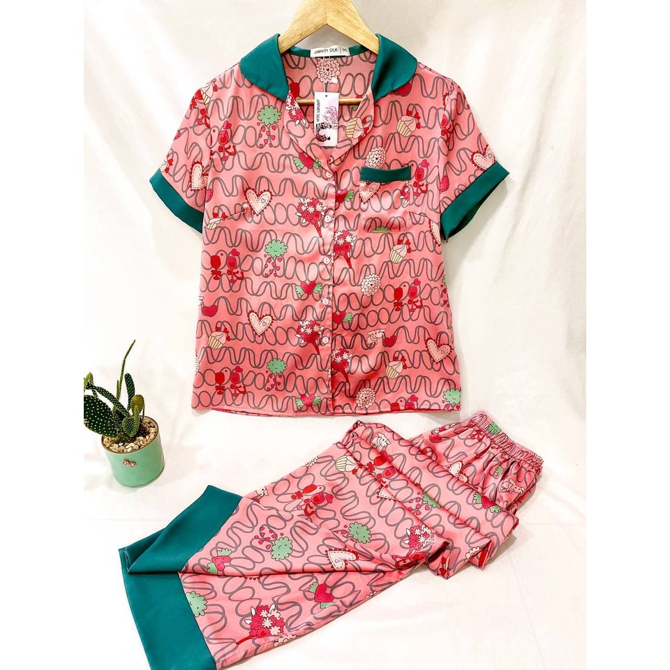 Đồ Ngủ Lụa Satin Nhật Pijama Ngắn Tay Mặc Nhà Họa Tiết Sóng Đáng Yêu JAPAN SILK Chính Hãng CD007 CD014