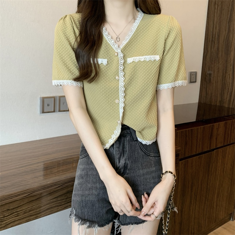 Áo Thun Tay Ngắn Cổ Chữ V Phối Ren Thời Trang Mùa Hè Cho Nữ