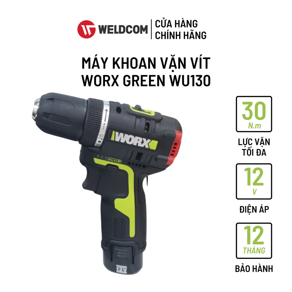 Máy Khoan Vặn Vít WORX GREEN WU130 Động Cơ Không Chổi Than Dùng Pin Li-ion 12V