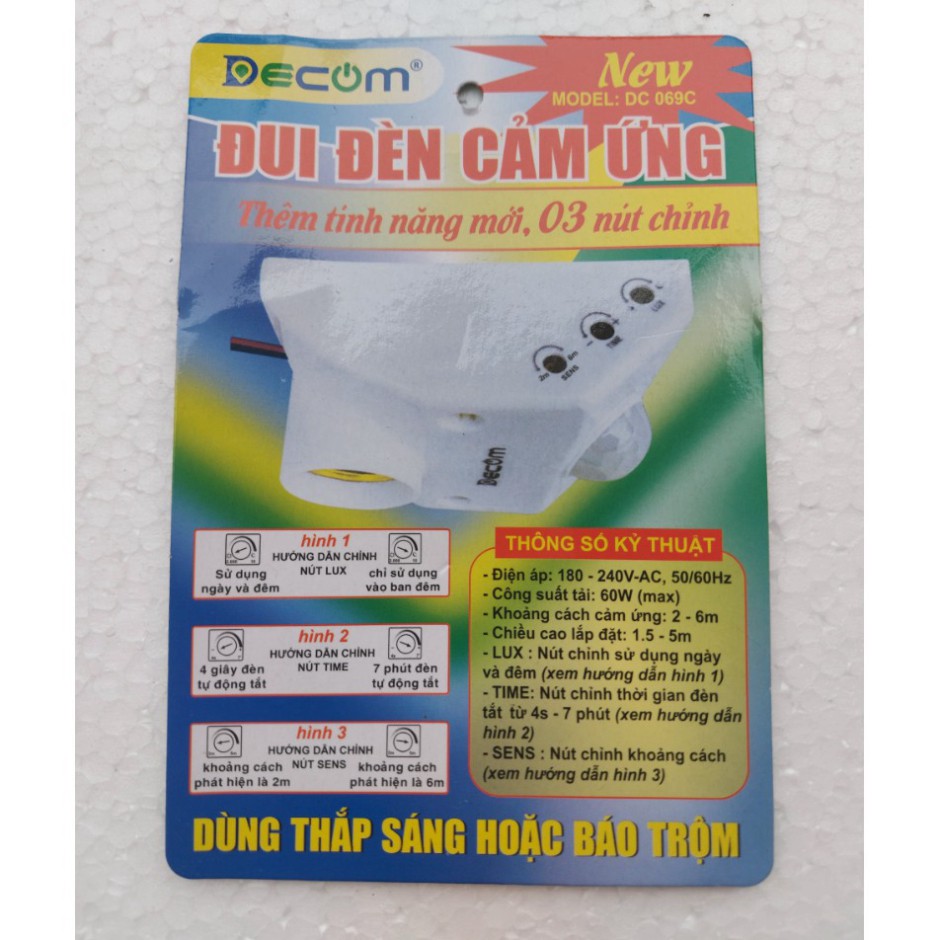 Đui đèn cảm biến hồng ngoại ,đui đèn cảm biến chuyển động 3 nút chỉnh Decom DC096C tự động bật tắt