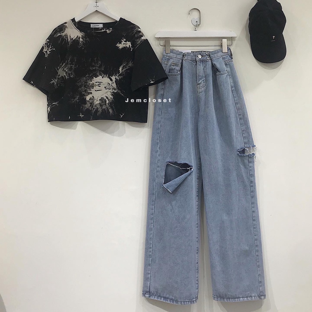 Áo Croptop Nữ Tay Ngắn JEMCLOSET Thiết Kế Form Rộng Thời Trang Thỏa Mái Loang Đen Và Trắng  VCC - 10096