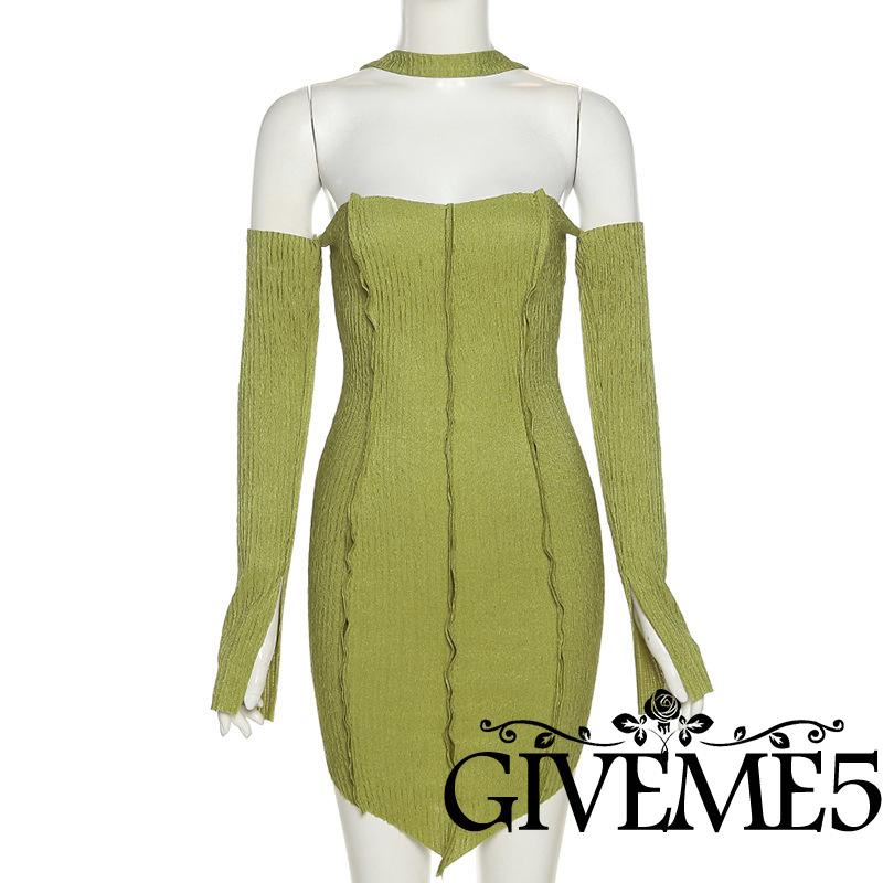 Váy tay GIVEME5 dài tay trễ vai màu trơn có gân cho nữ