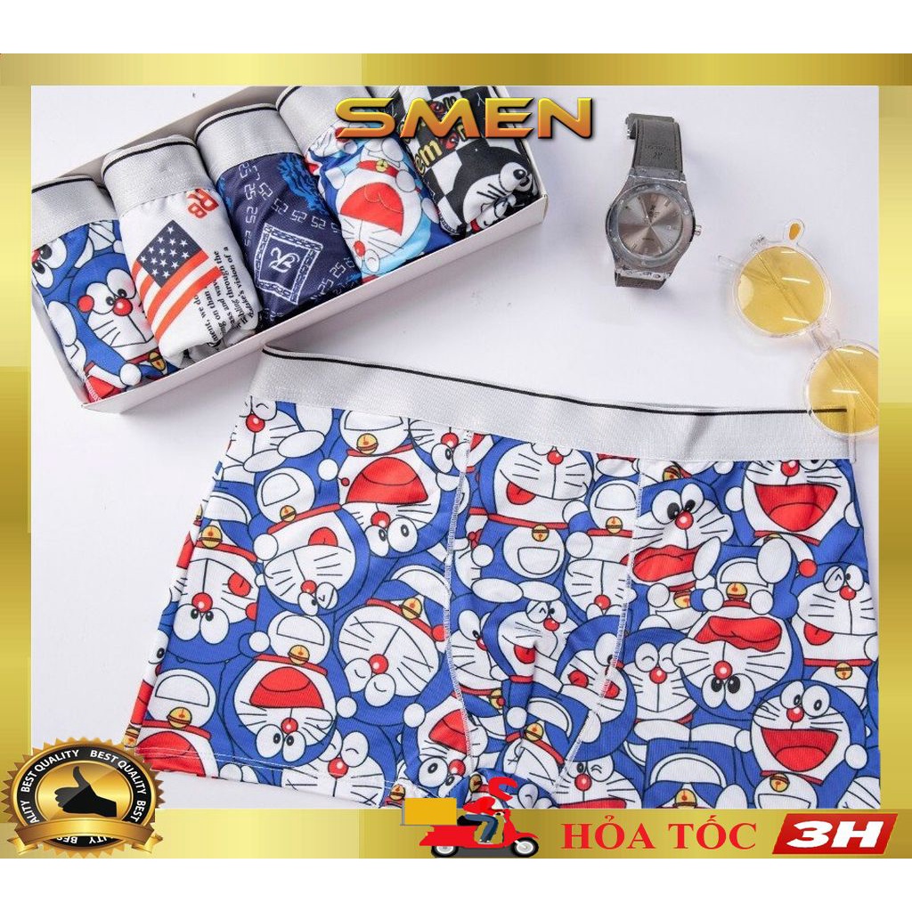 Quần lót nam boxer in hình, sịp đùi thun lạnh cao cấp họa tiết nhân vật hoạt hình Doremon, chuột mickey (Che tên) - SMEN