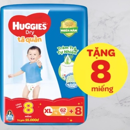 [Tặng thêm 8 miếng trong gói] Tã/bỉm quần Huggies XL62 Gói 62 miếng (Cho bé 12kg - 17kg)