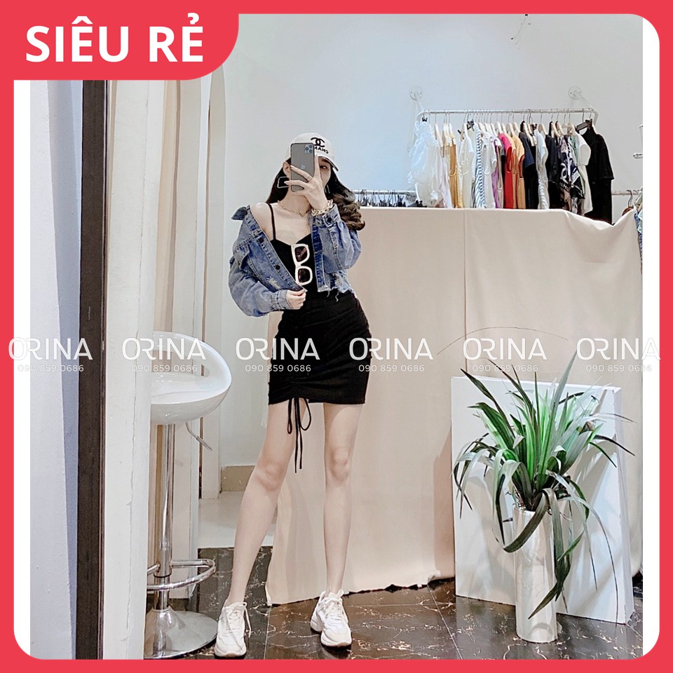 Áo khoác jean kèm váy body 2 dây bodu rút sườn Orina - Hàng loại 1, chất đẹp - 100% ảnh Orina Tự Chụp