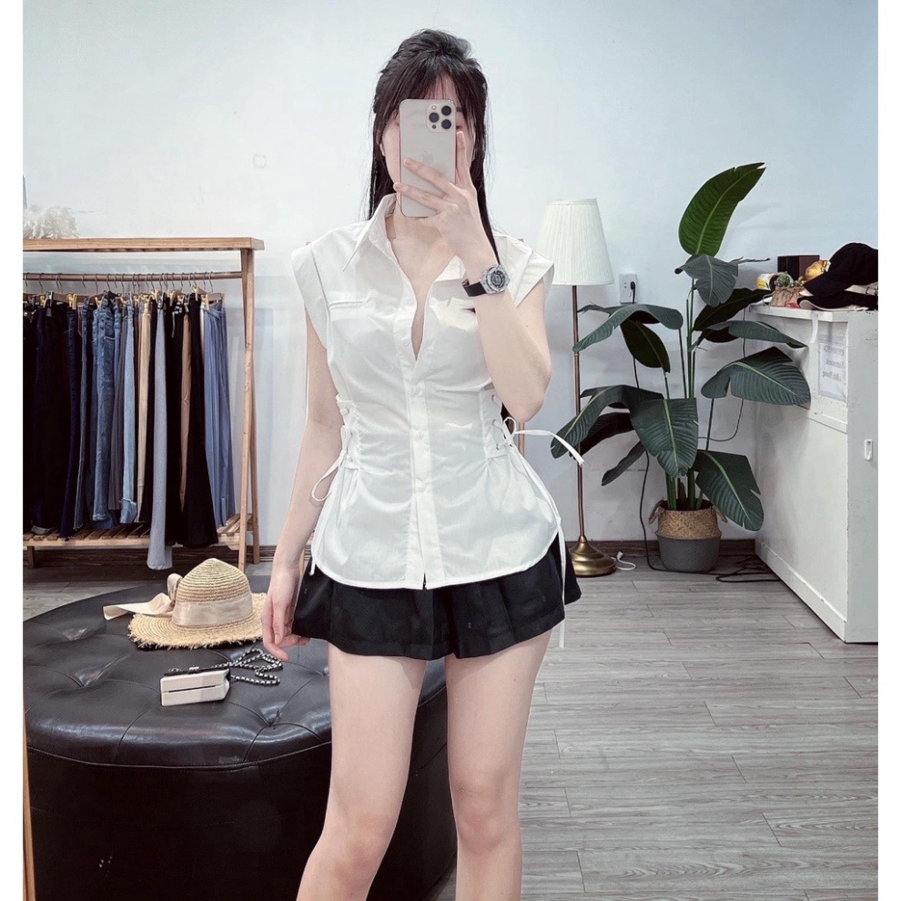 Áo Sơ Mi Trắng LOVELY (TRẮNG), Áo sơmi thiết kế eo cách điệu  Áo sơ mi cộc tay nhẹ nhàng nữ tính đi làm đi học_91 nội y